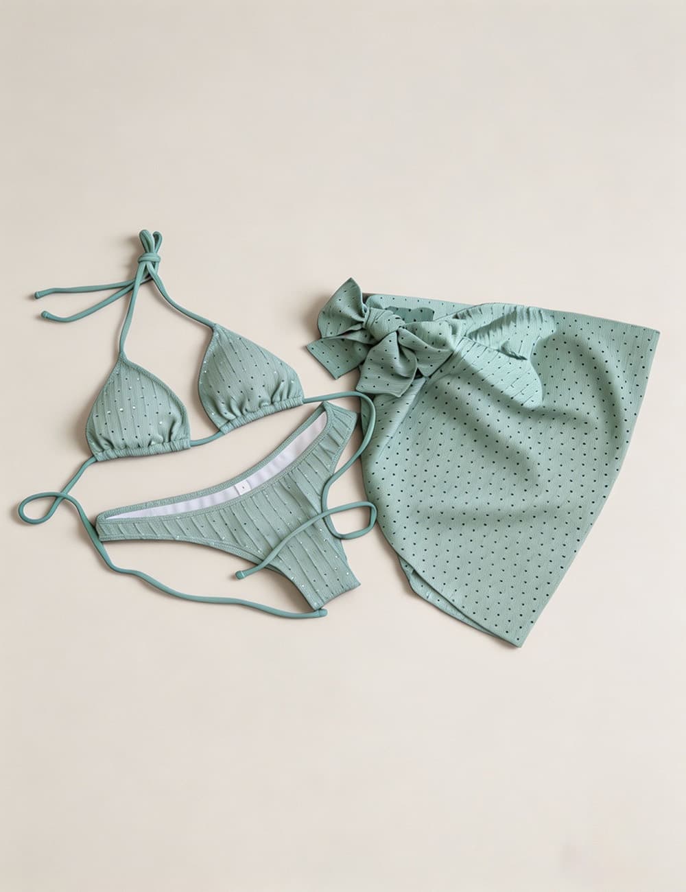 Ladies Solid Color Halter Triangle Bikini Set with Cover Up