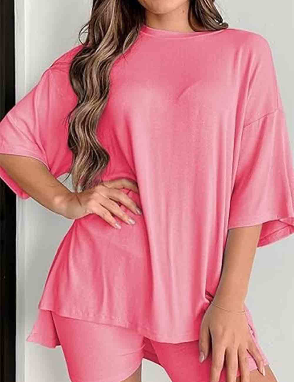 Ladies Solid Loungewear Outfits Loose Top & Slim Shorts Set