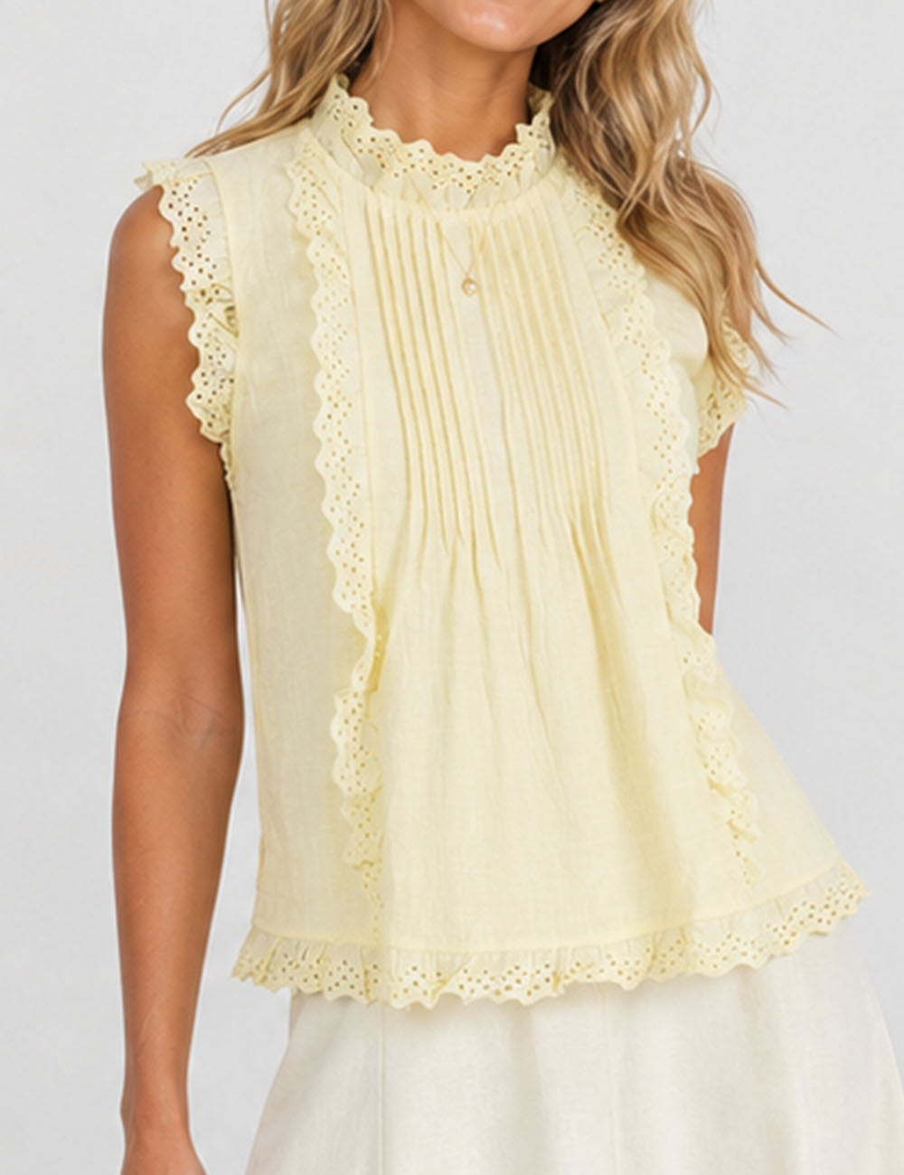 Ladies Boho Eyelet Lace Pleated Round Neck Sleeveless Babydoll Top