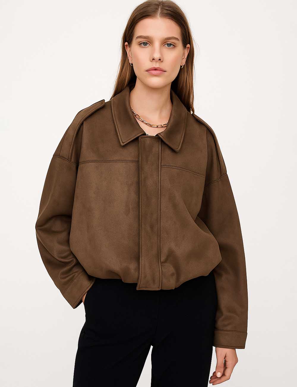 Ladies Faux Suede Bomber Jacket Shirt Collar Zip-Up Coat