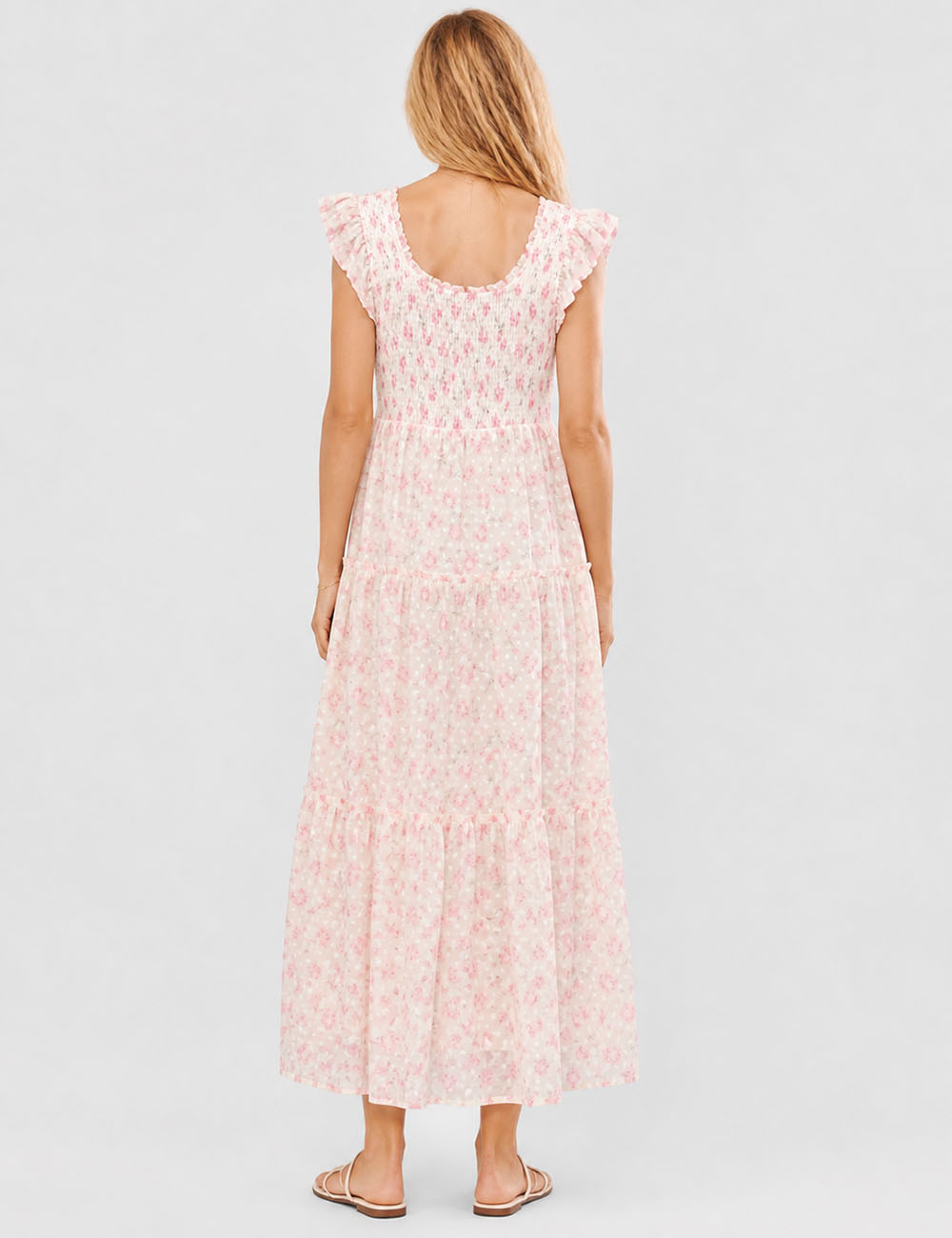 Ladies Floral Print Ruffle Sleeves Tiered Hem Smocked Maxi Dress