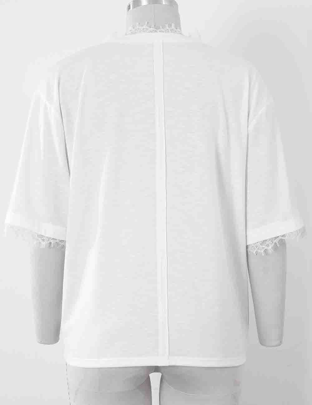 Ladies Chic Lace Trim Solid Color V-Neck Short Sleeves T-Shirt