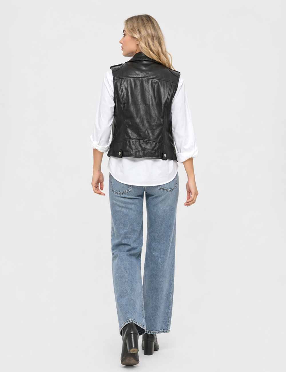 Ladies Faux Leather Notched Collar Zip-Up Sleeveless Vest