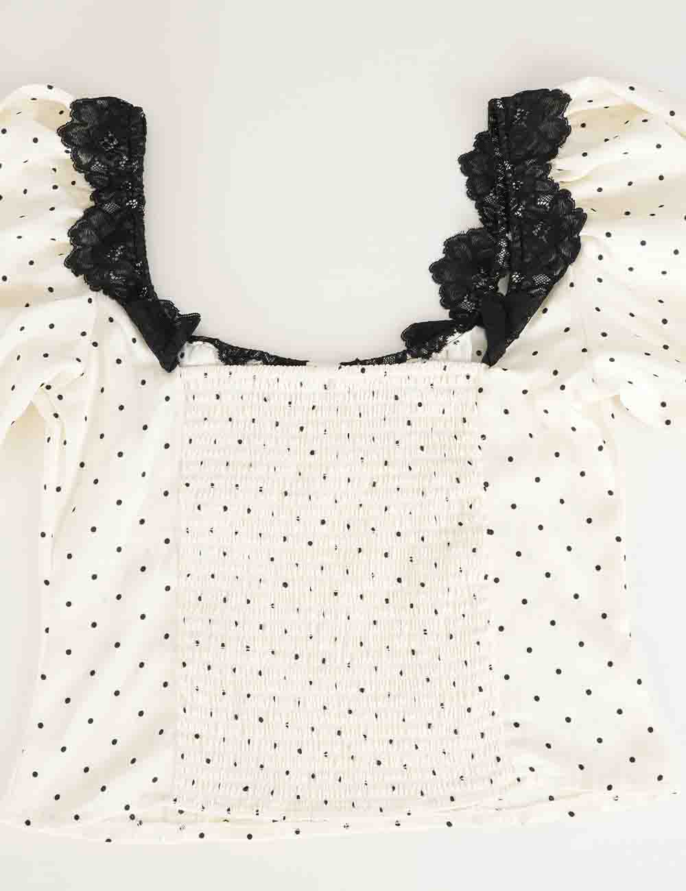 Ladies Chic Polka Dot Square Neck Lace Trim Puff Sleeves Top