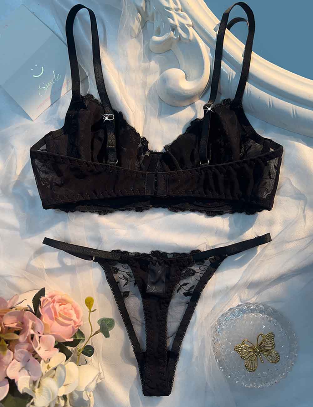 Ladies Sexy Solid Color Embroidery Sheer 2PCS Lingerie Set