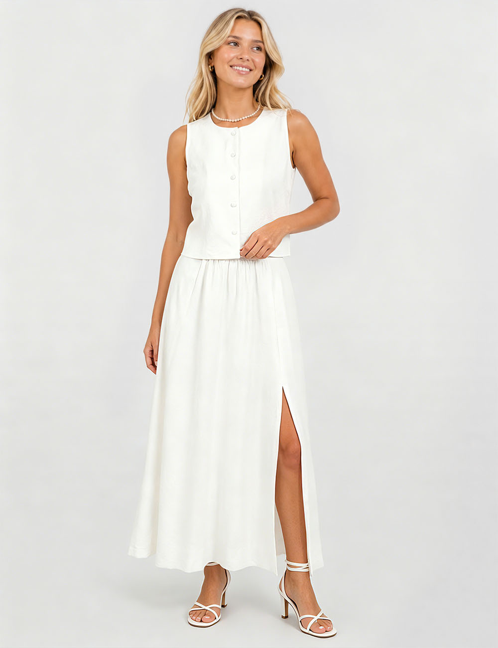 Ladies Chic Sleeveless Button Crop Top & Split Maxi Skirt Matching Set