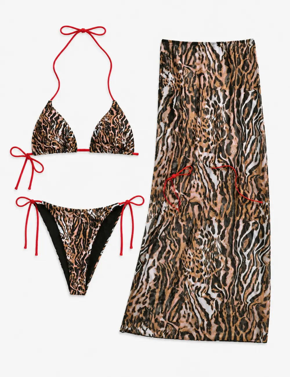 Ladies Polka Dots Print Halter Triangle Bikini Set with Salong