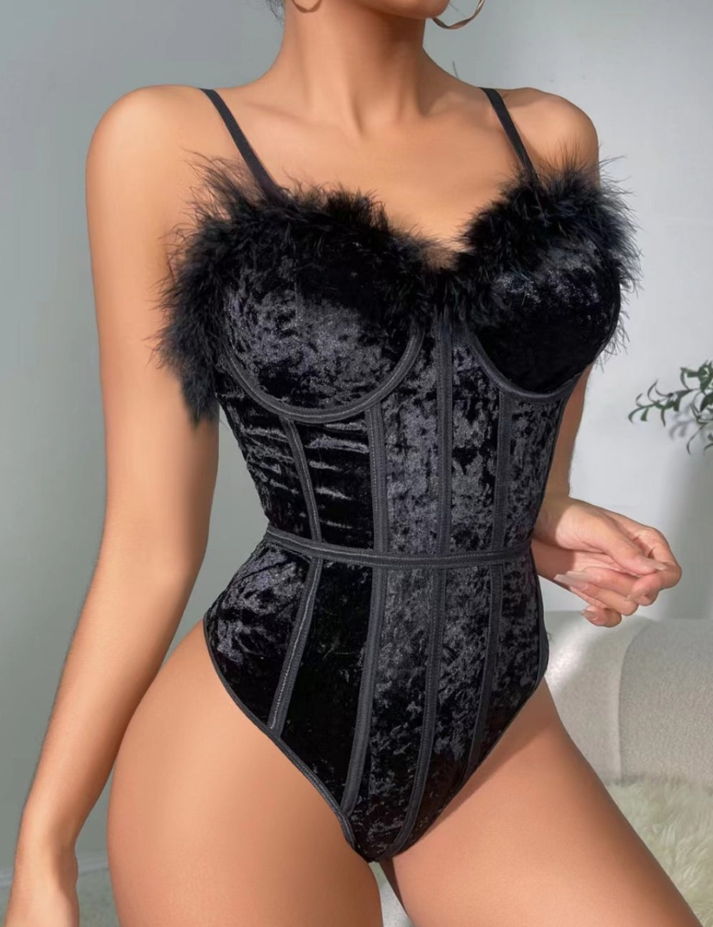 Ladies Feather Neck Velvet Lingerie Teddy SKLG4121