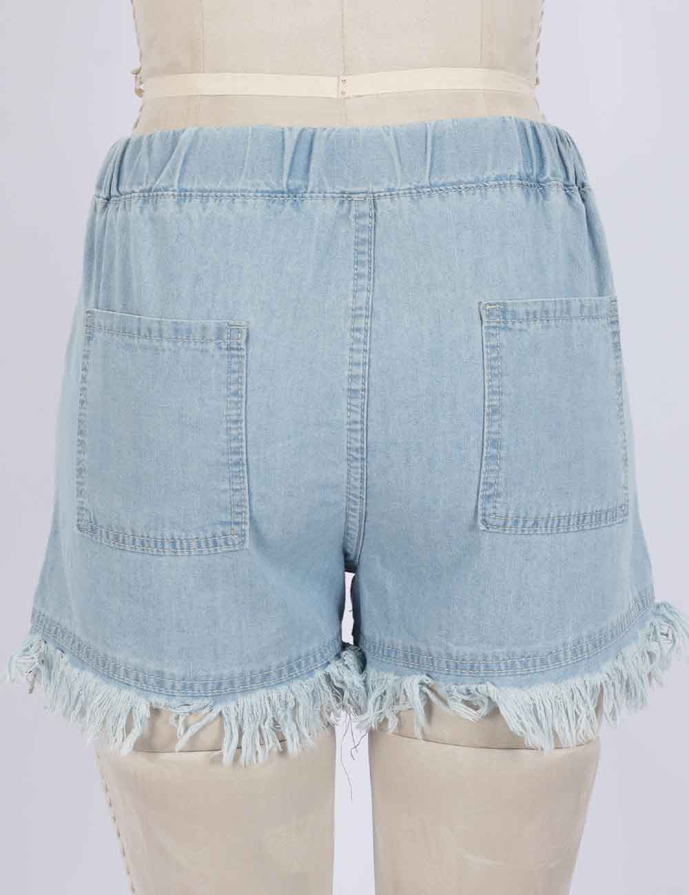 Ladies Solid Color Drawstring Waist Frayed Hem Denim Shorts