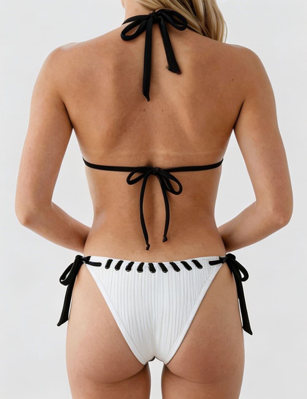 Ladies Braided Trim Ribbed Halter Triangle 2 Piece Bikini Set