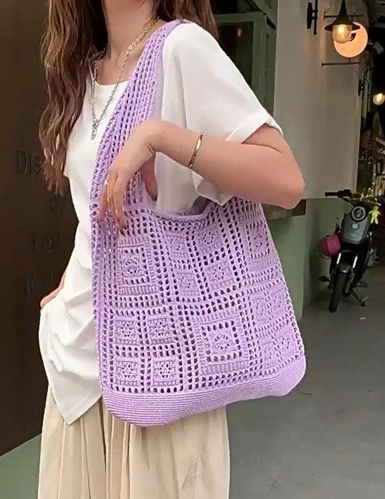 Ladies Square Knit Solid Color Tote Bag SKAB4110