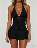 Ladies Cowl Drape Detail Triangle Bikini Set with Mini Skirt