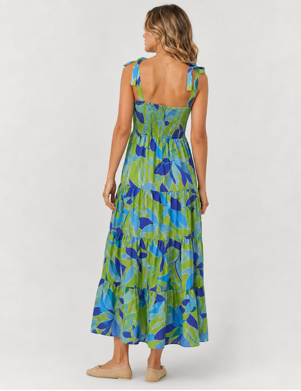 Ladies Abstract Print Smocked Tie Strap Square Neck Midi Dress
