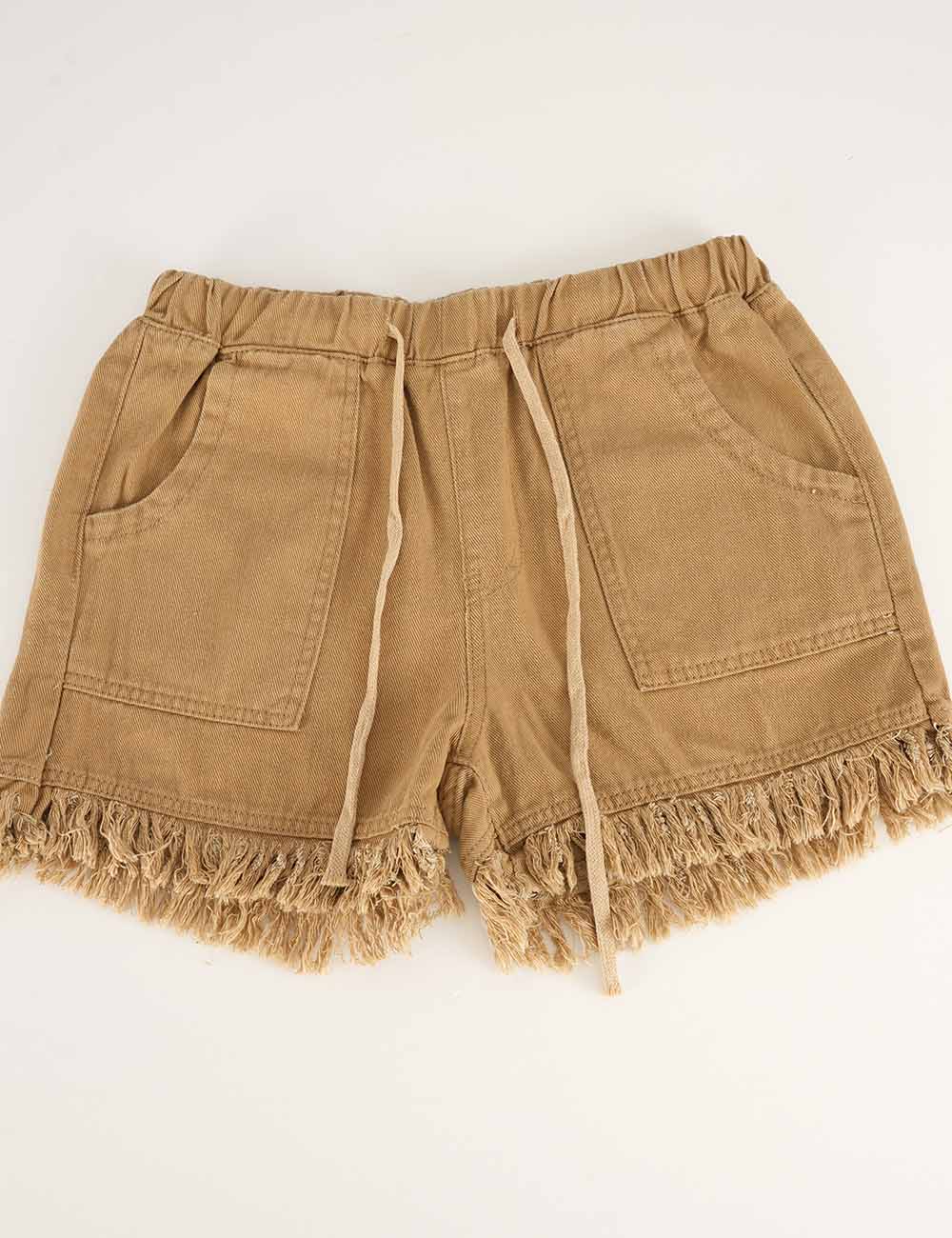 Ladies Solid Color Drawstring Waist Frayed Hem Denim Shorts