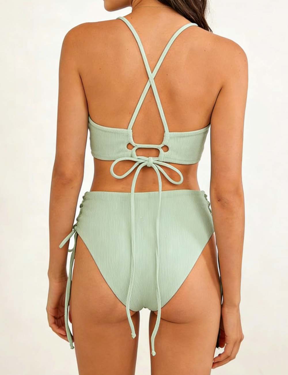 Ladies Solid Color Shoulder String Tie Bikini Set 8BK3WST317