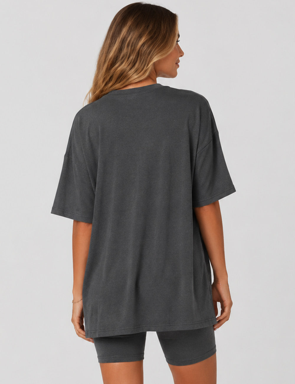 Ladies Solid Loungewear Outfits Loose Top & Slim Shorts Set
