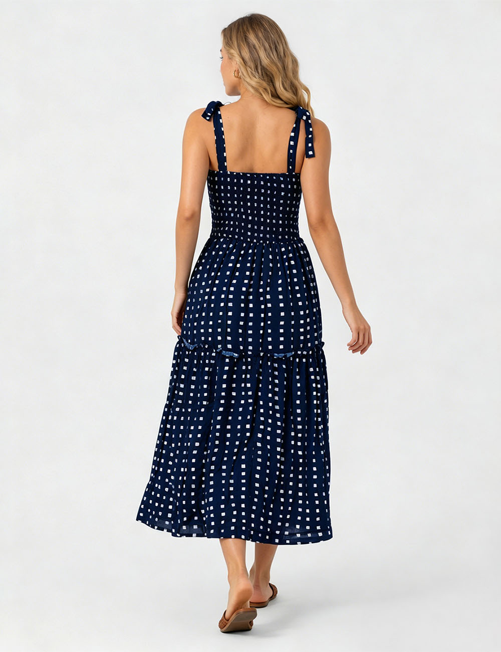 Ladies Abstract Print Smocked Tie Strap Square Neck Midi Dress