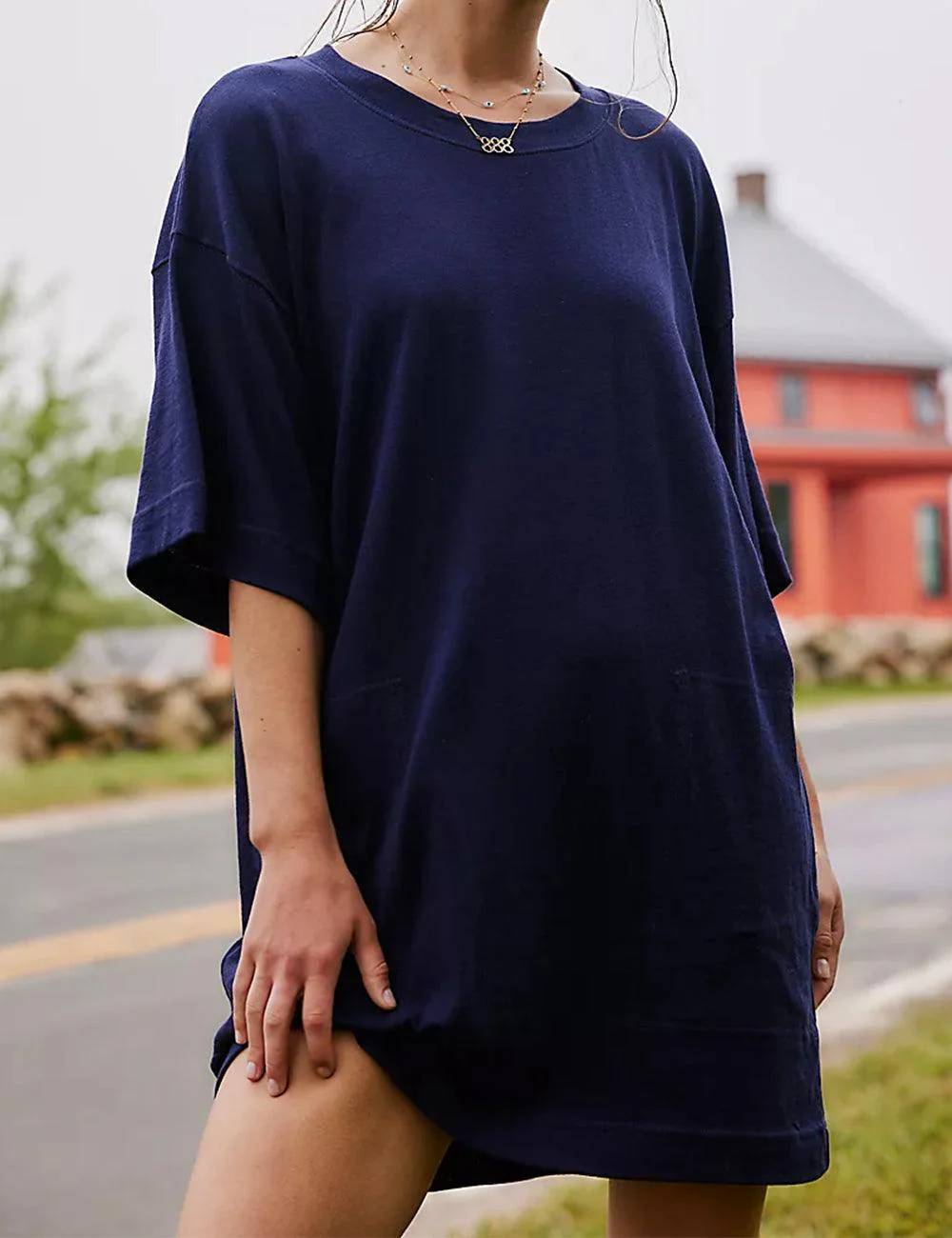 Ladies Soild Color Angled Pocket T-Shirt Mini Dress Box Tee