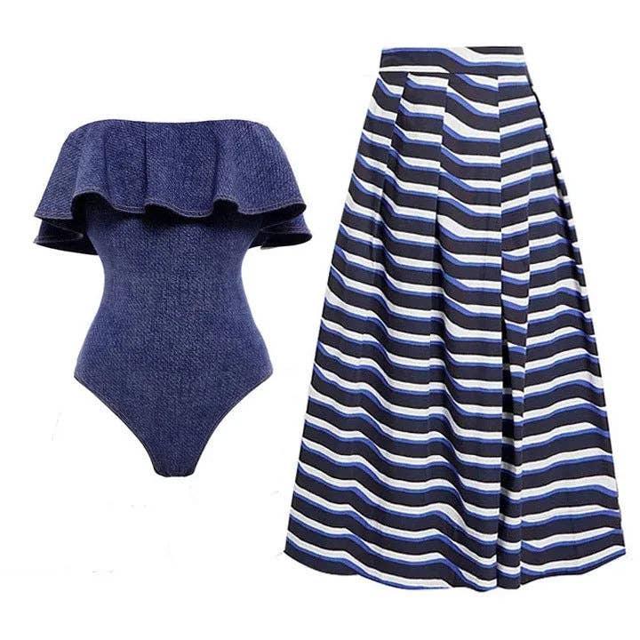 Denim Blue Ruffle One Piece Swimwear with Cover