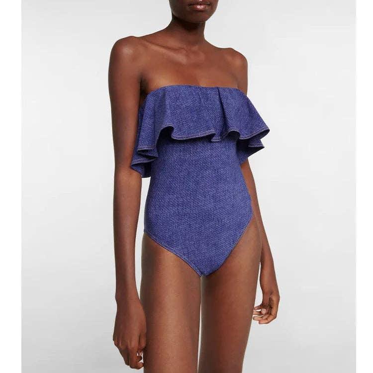 Denim Blue Ruffle One Piece Swimwear with Cover