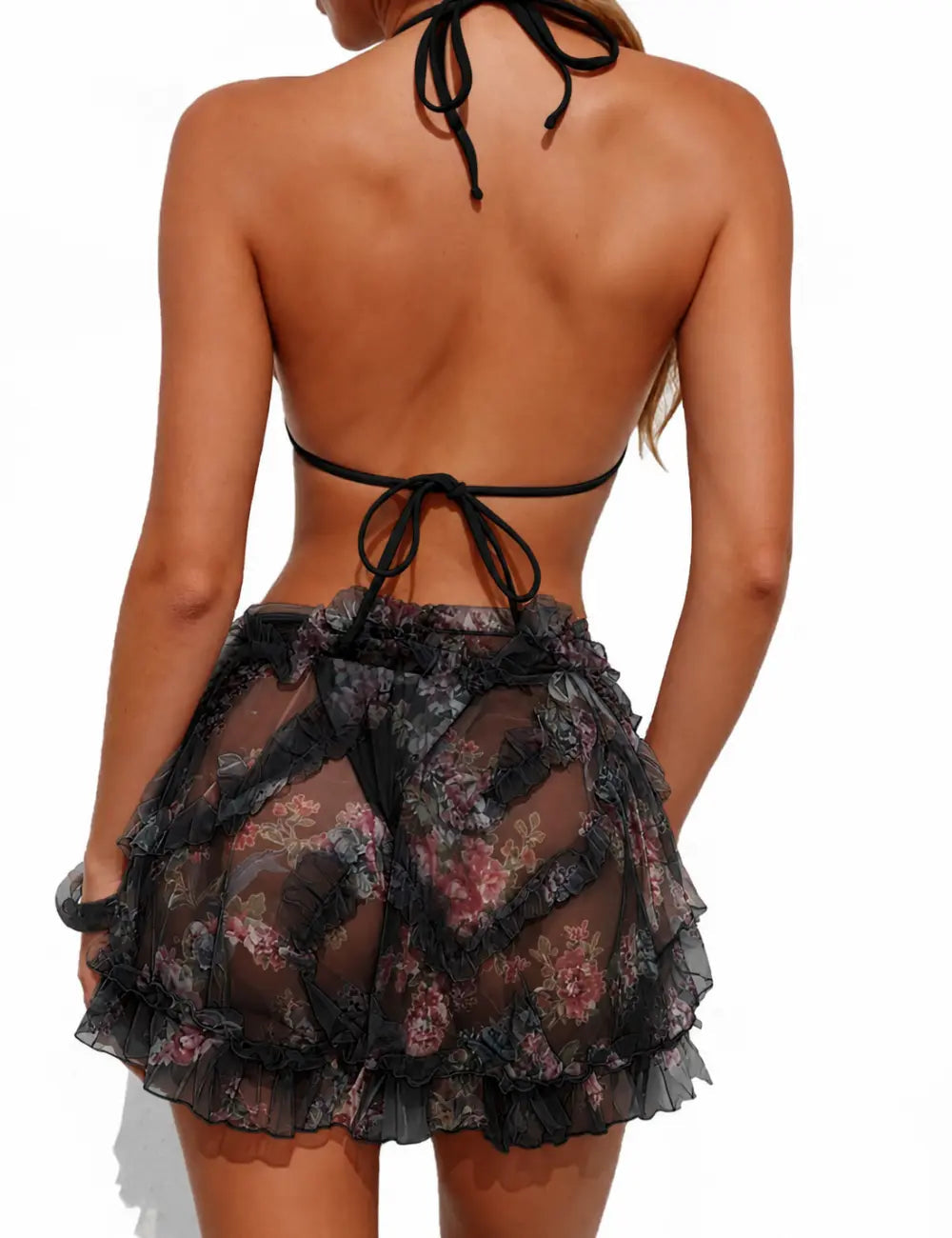 Ladies Triangle Bikini Set with Floral Print Wrap Cover Up Skirt