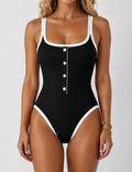 Ladies Contrast Trim Front Button Accent One Piece Swimsuit