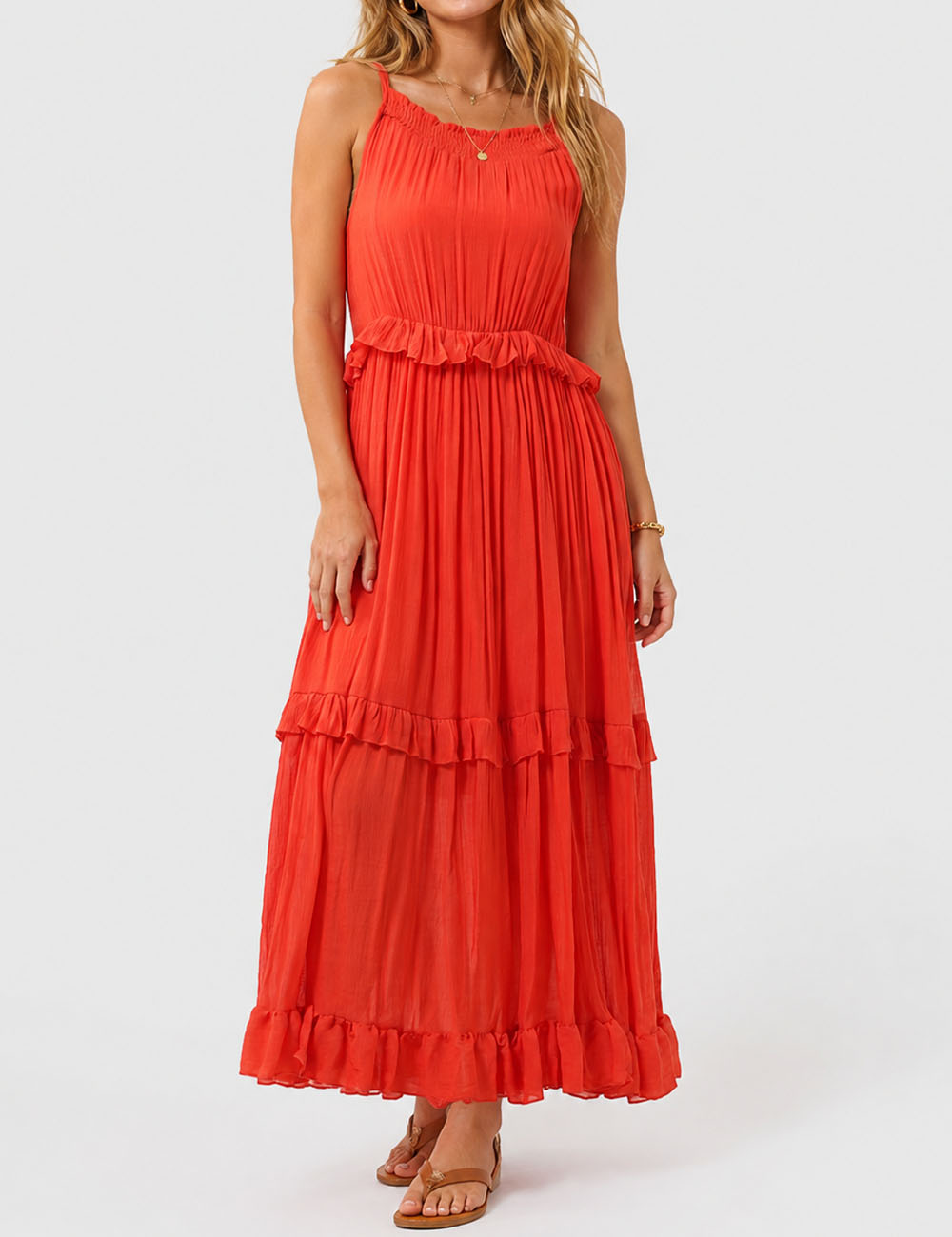 Ladies Boho Ruffle Tiered Hem Sleeveless Solid Color Maxi Dress