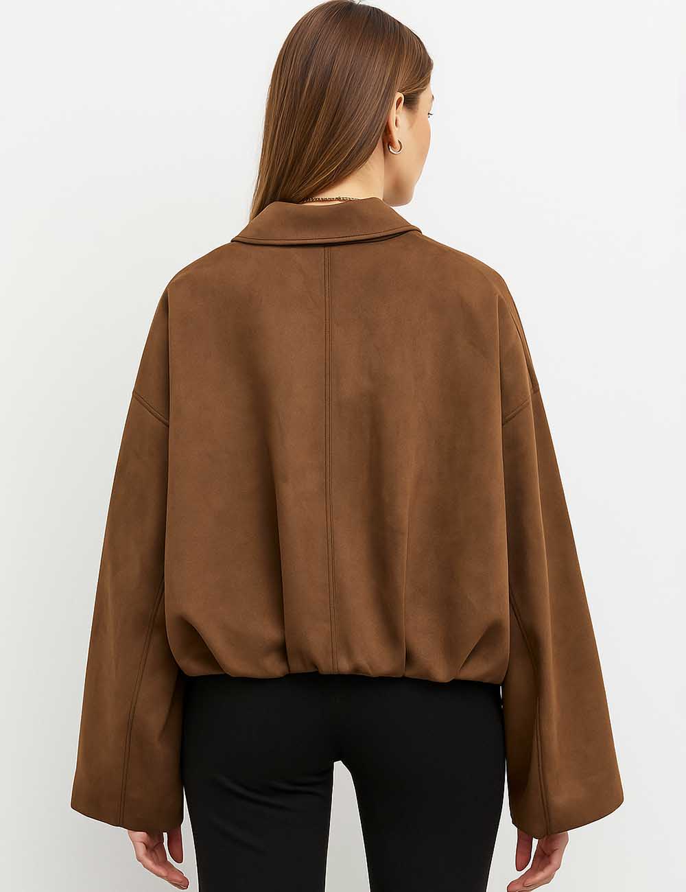 Ladies Faux Suede Bomber Jacket Shirt Collar Zip-Up Coat
