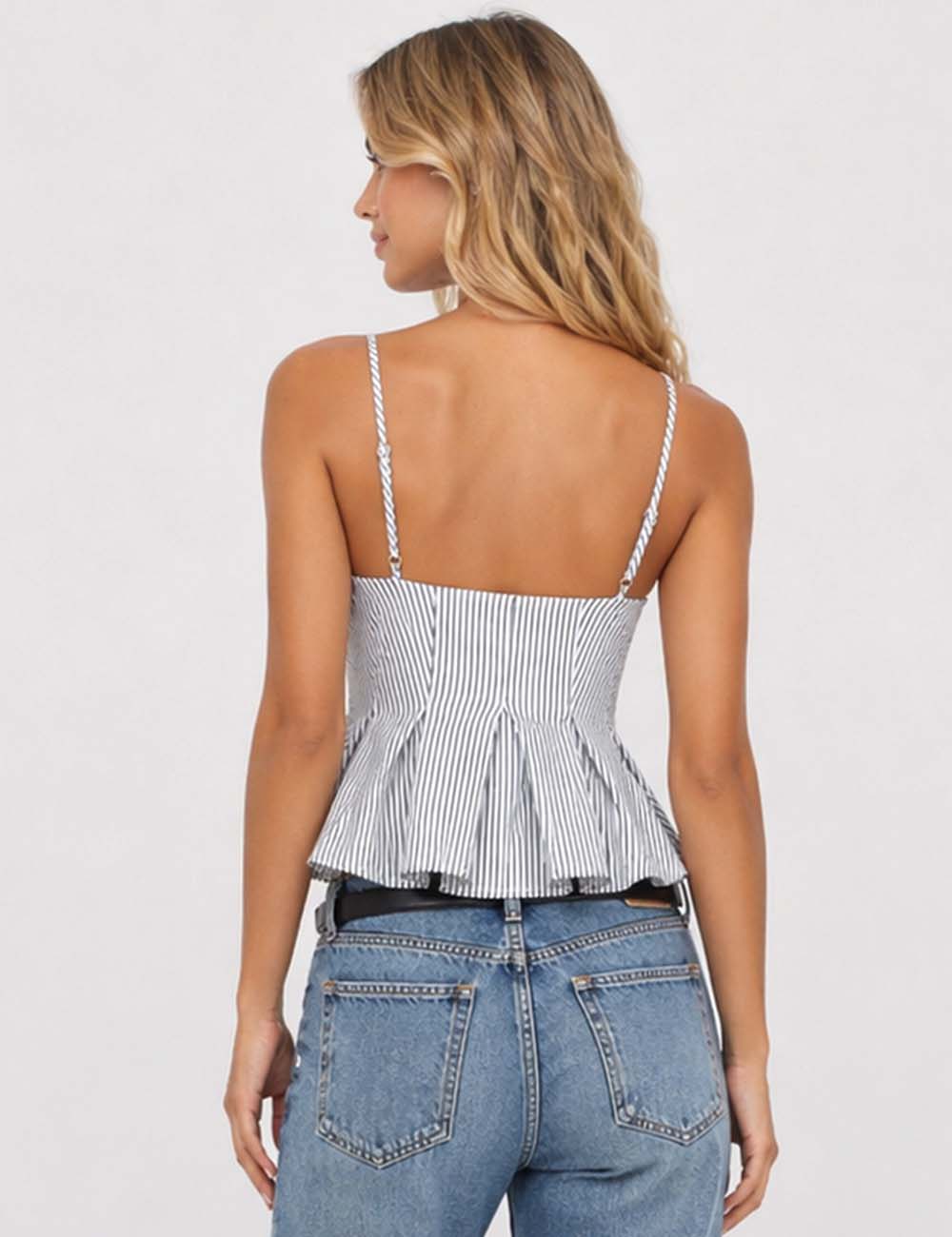 Ladies Chic Striped Spaghetti Strap Button Front Peplum Cami Top