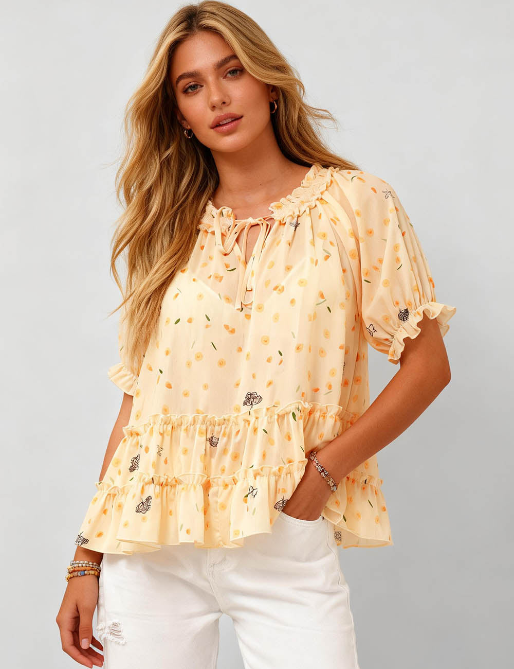 Ladies Floral Print Ruffle Hem Tie Neck Short Sleeves Babydoll Blouse