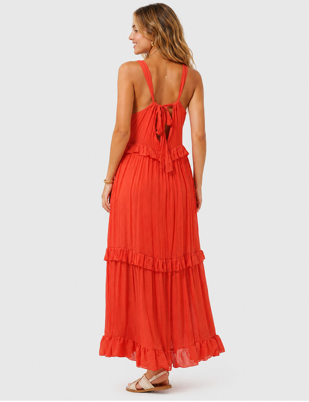 Ladies Boho Ruffle Tiered Hem Sleeveless Solid Color Maxi Dress