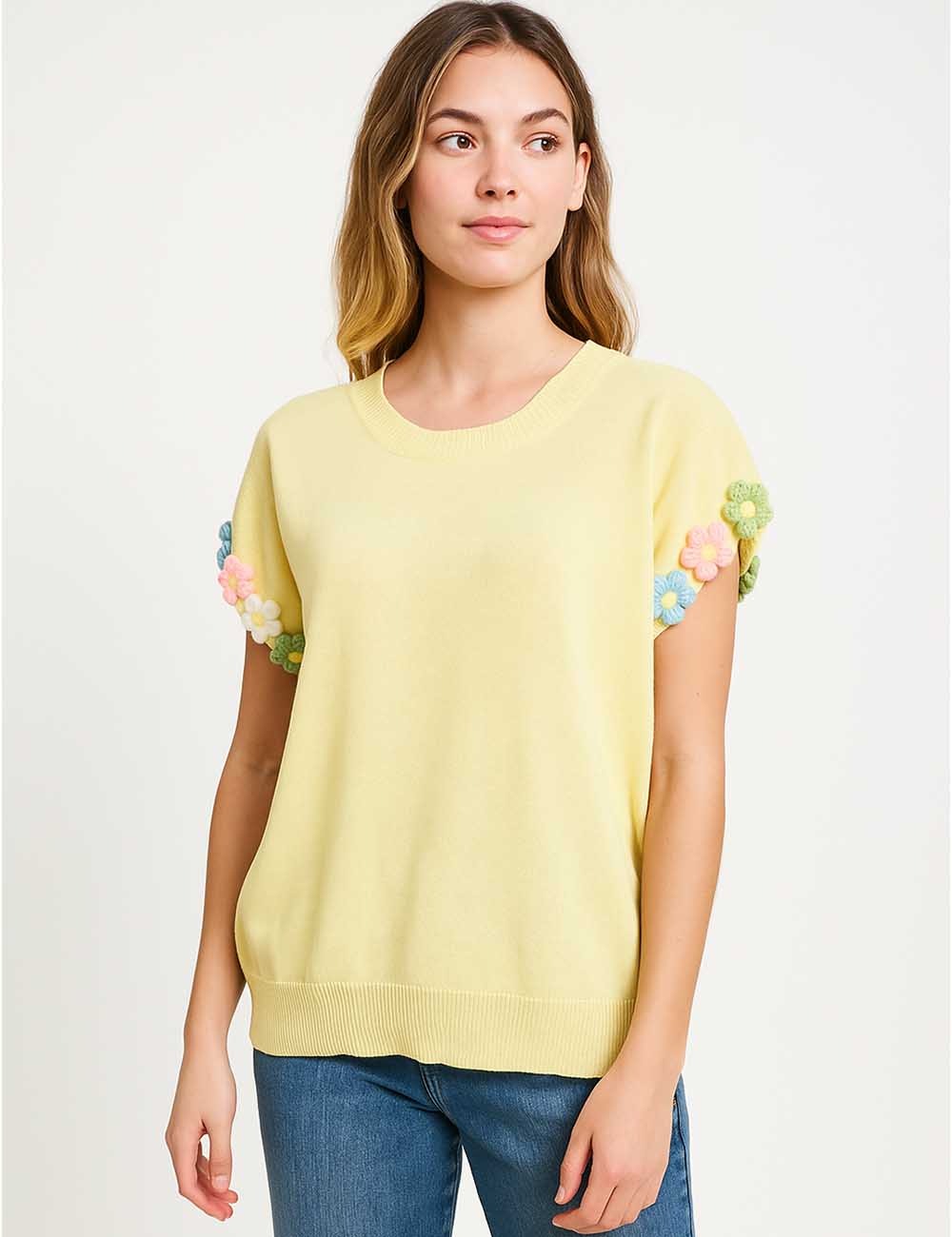 Ladies 3D Flower Pullover Short Sleeves Knit Top