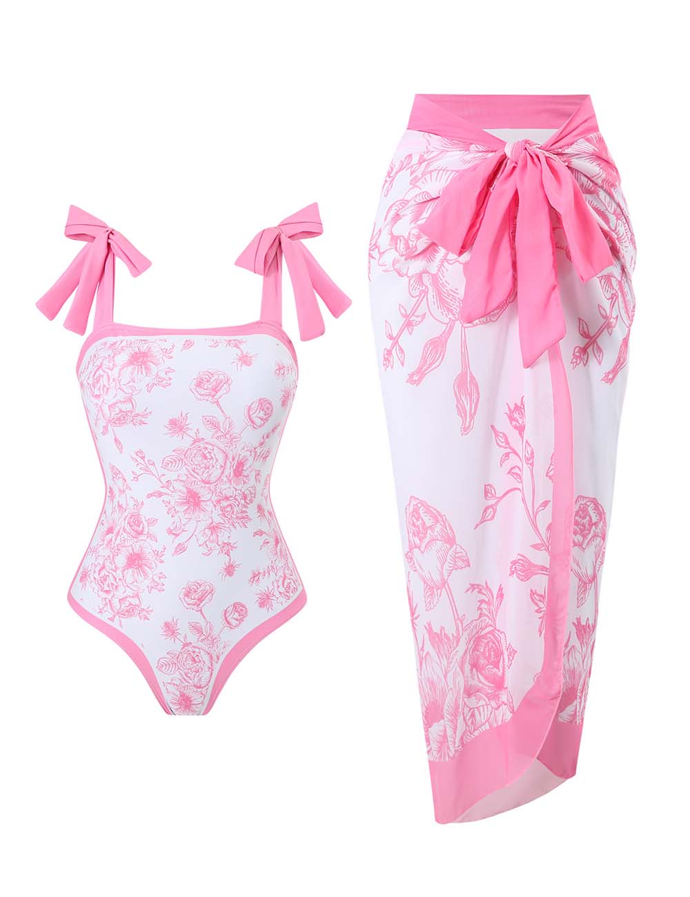 Ladies Floral Print One Piece Swimsuit with Wrap Tie Sarong