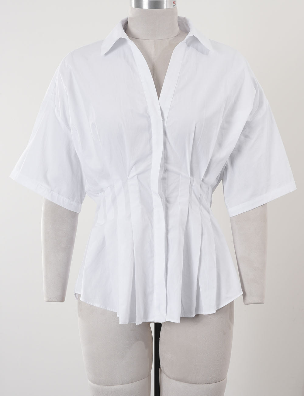 Ladies Chic Pleated Waist Shirt Collar Short Sleeves Blouse