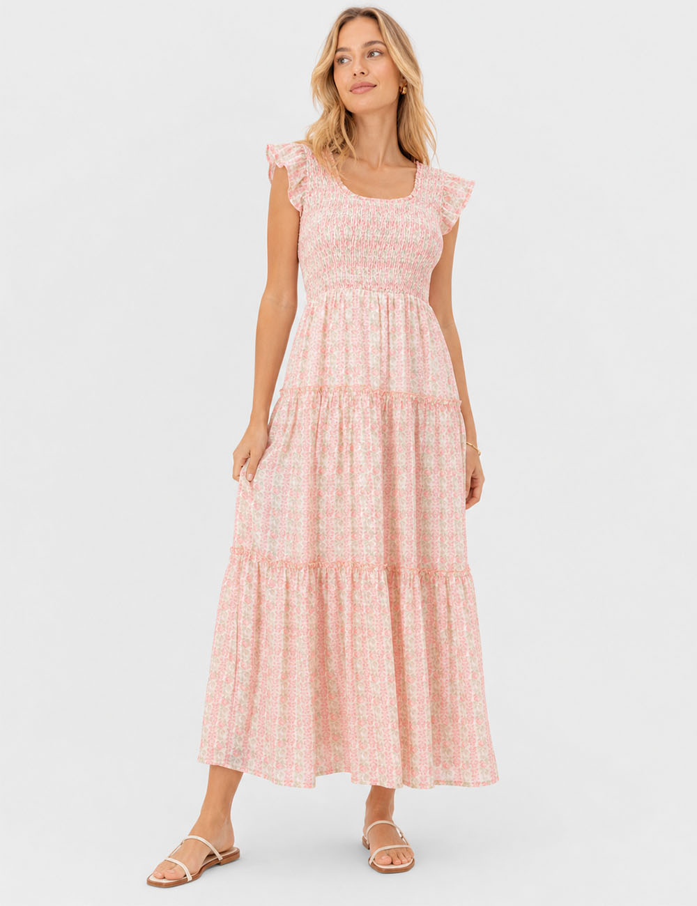 Ladies Floral Print Ruffle Sleeves Tiered Hem Smocked Maxi Dress