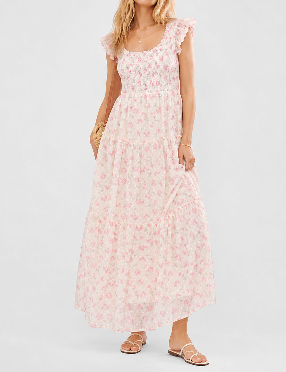 Ladies Floral Print Ruffle Sleeves Tiered Hem Smocked Maxi Dress