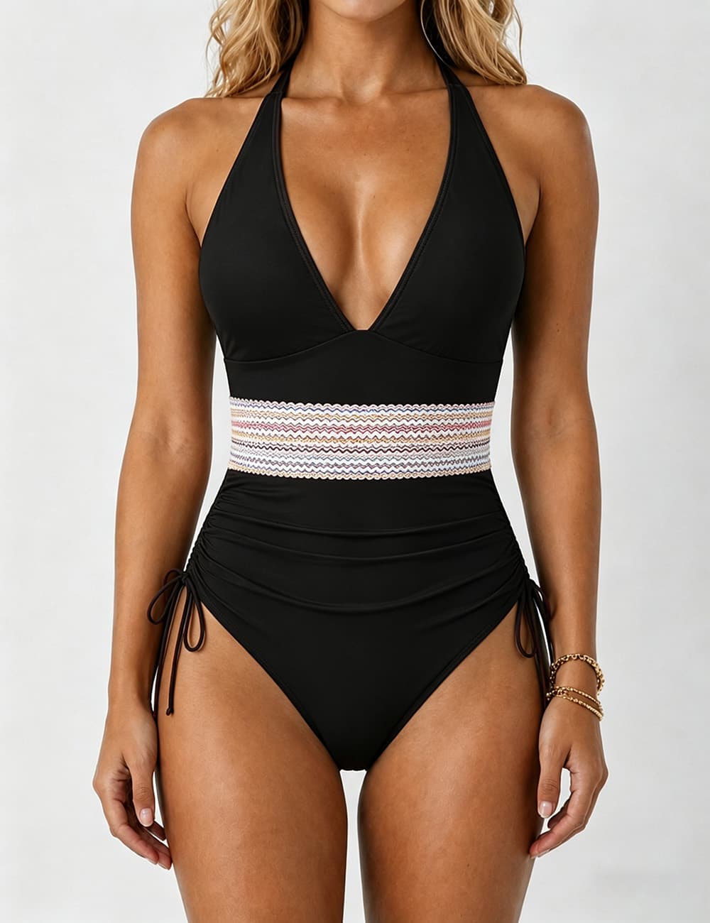 Ladies Deep V-Neck Adjustable Side Drawstring One Piece Swimsuit