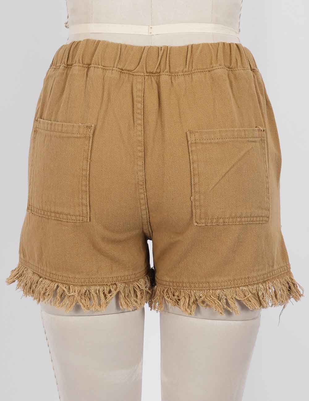 Ladies Solid Color Drawstring Waist Frayed Hem Denim Shorts