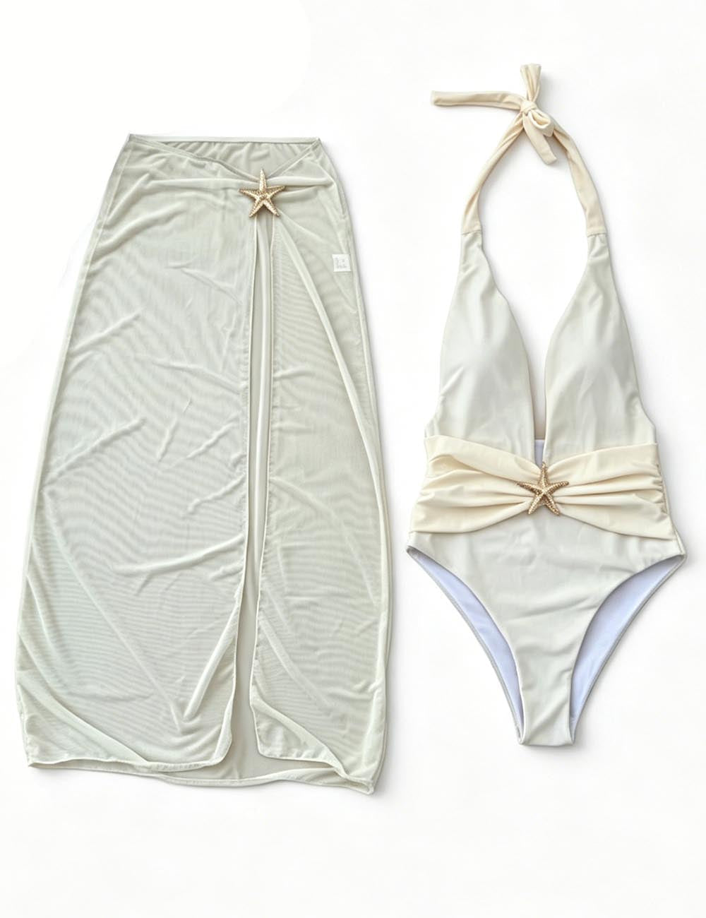 Ladies Gold Starfish Detail Deep V-Neck One-Piece with Salong
