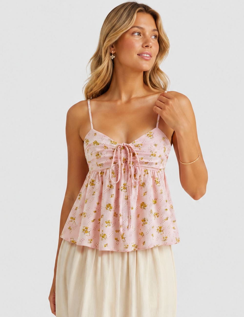 Ladies Boho Floral Print Tie Neck Cami Top