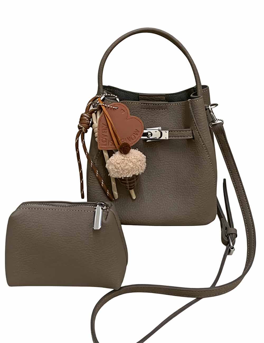 Ladies Litchi Faux Leather Crossbody Mini Bucket Bag Set