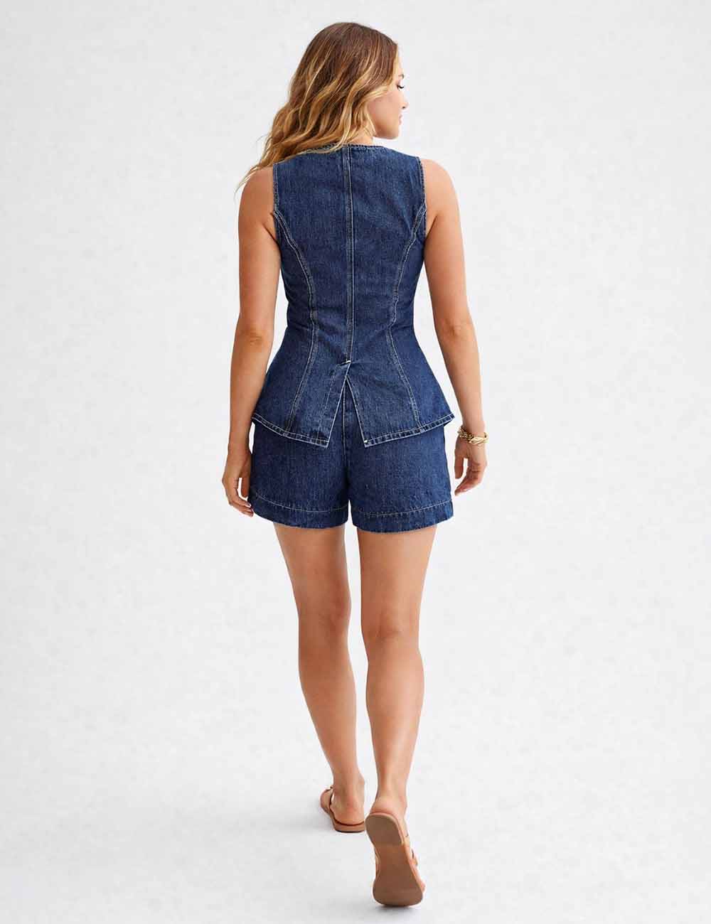 Ladies Sleeveless Button Front Denim Vest & Shorts Matching Set