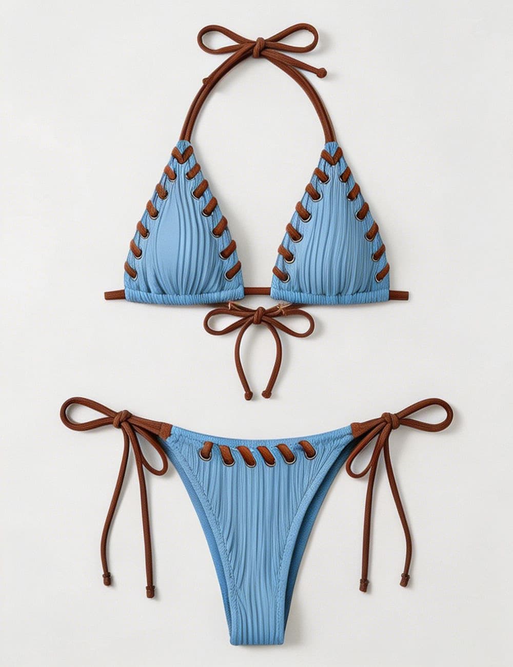 Ladies Braided Trim Ribbed Halter Triangle 2 Piece Bikini Set