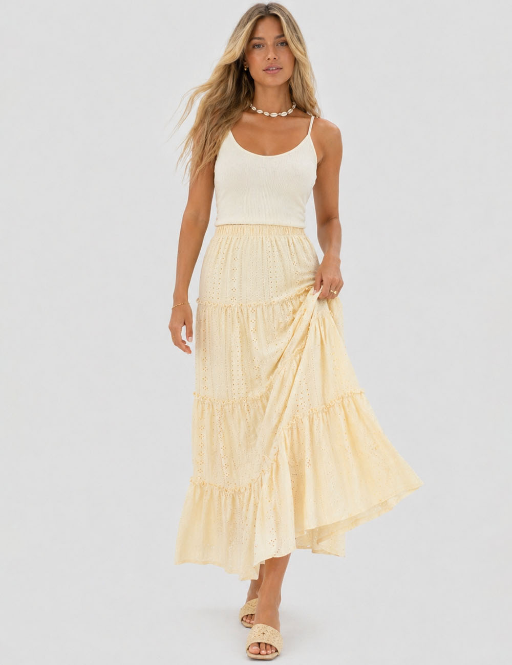 Ladies Solid Color Eyelet Tiered Ruffle  Maxi Skirt