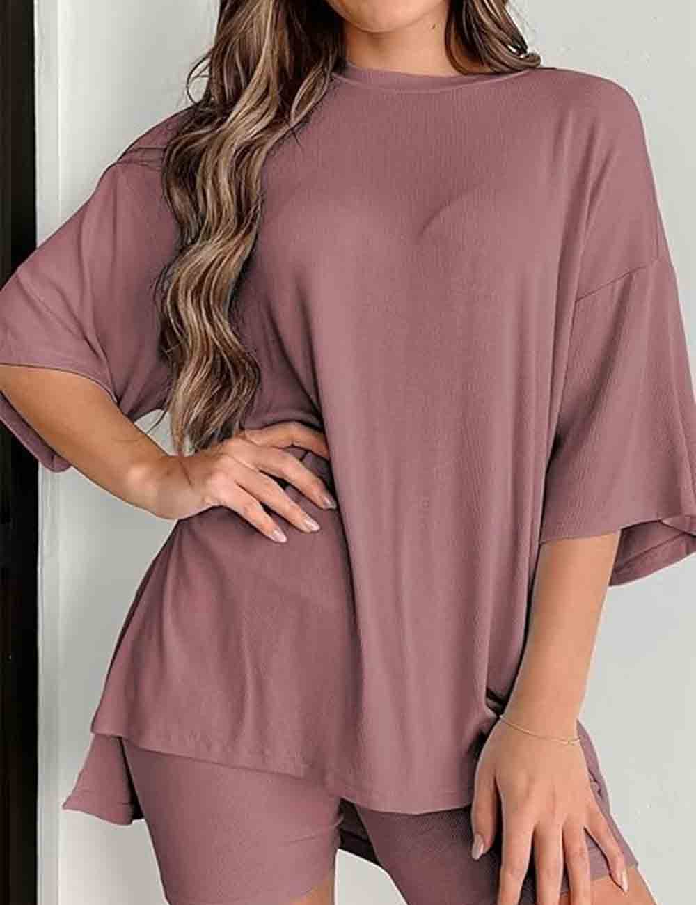 Ladies Solid Loungewear Outfits Loose Top & Slim Shorts Set
