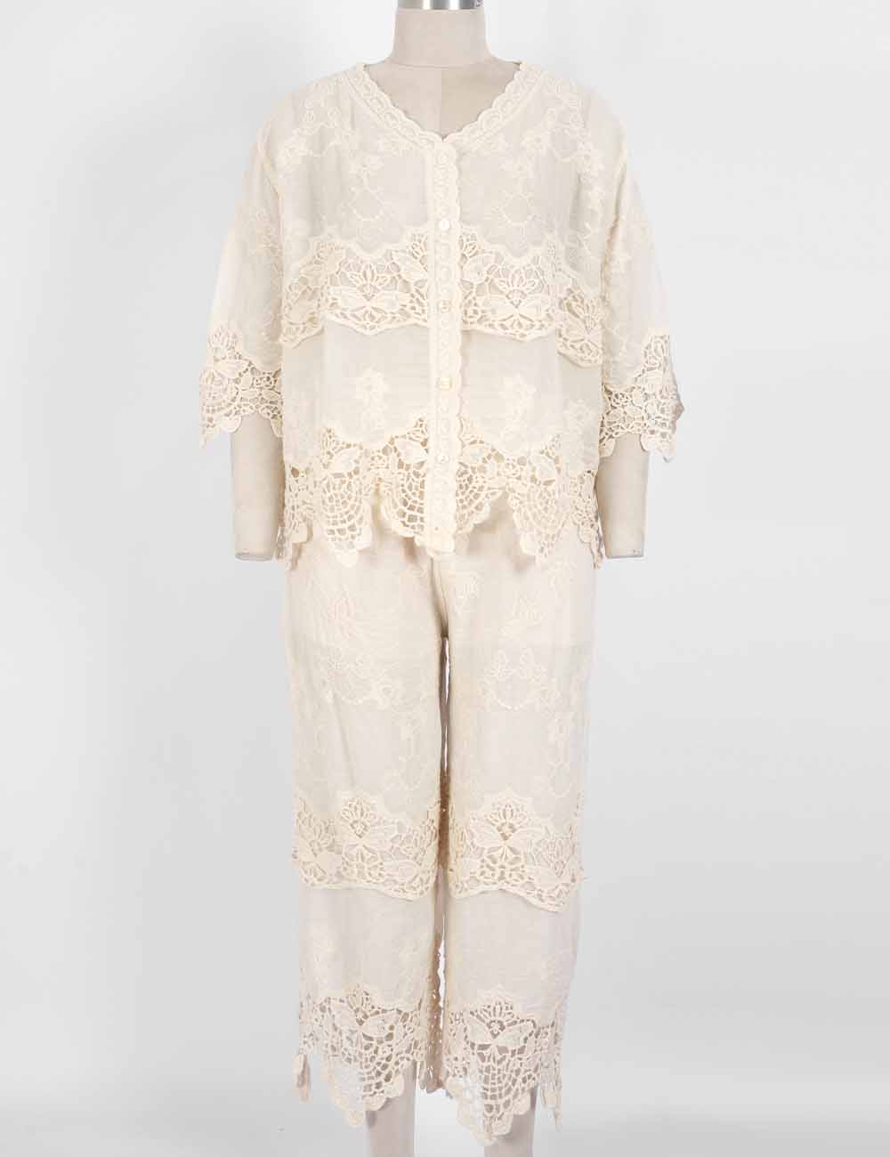 Ladies Crochet Scalloped Lace Embroidery Top & Pants Matching Set