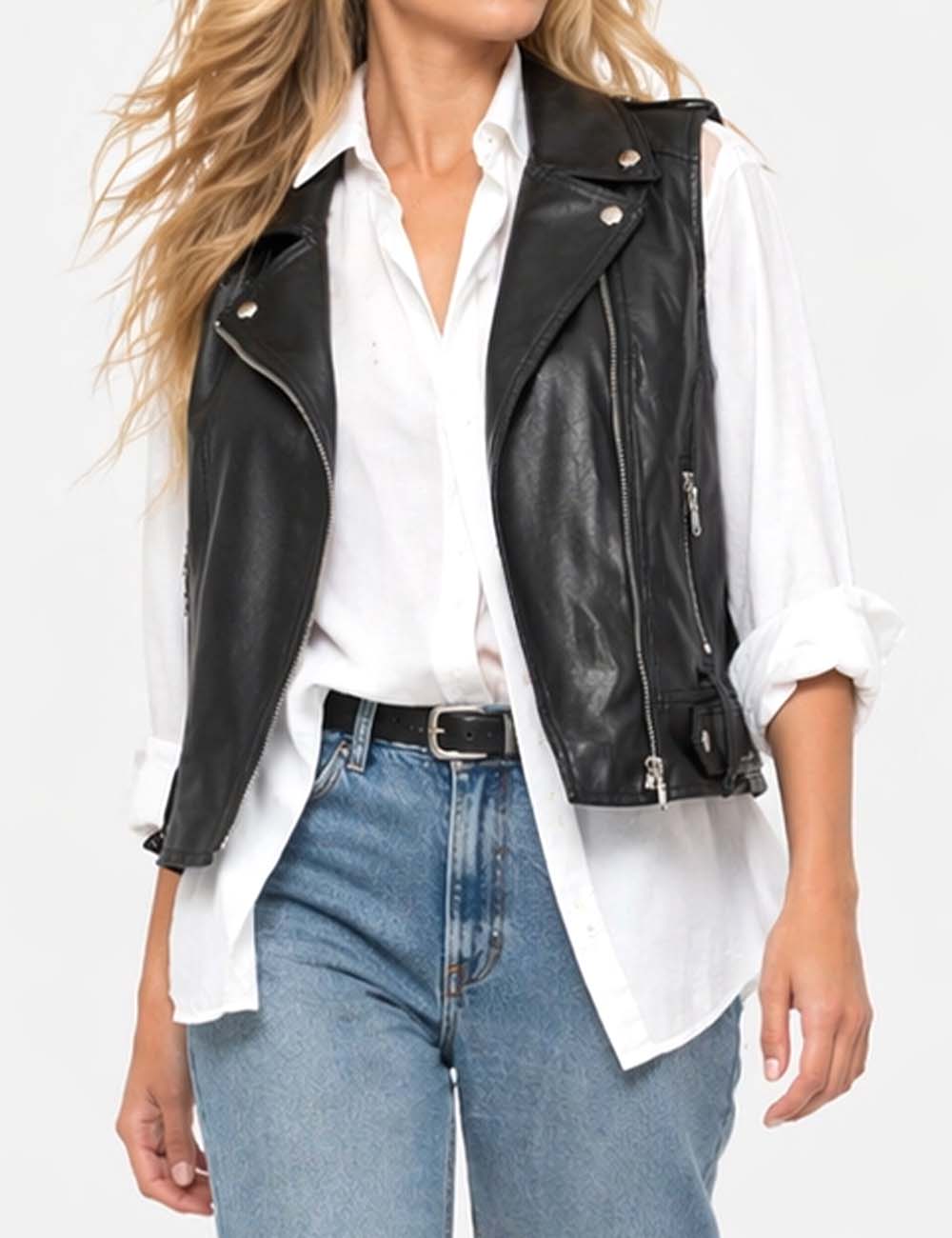 Ladies Faux Leather Notched Collar Zip-Up Sleeveless Vest