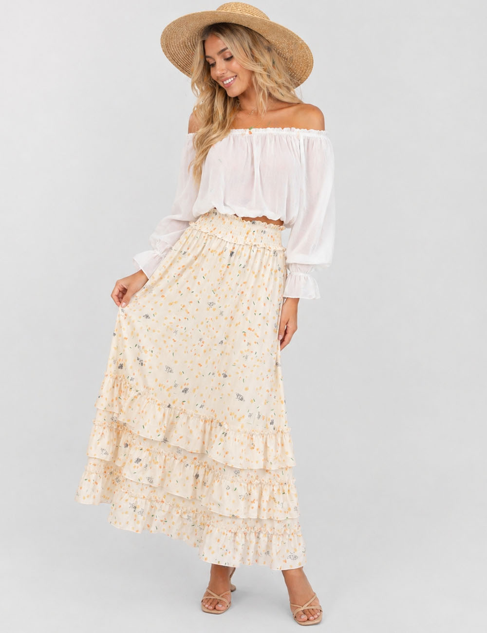 Ladies Floral Tiered Ruffle Smocked Waist Maxi Skirt