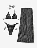 Ladies Polka Dots Print Halter Triangle Bikini Set with Salong