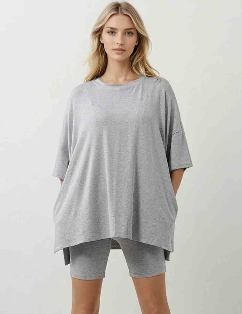 Ladies Solid Loungewear Outfits Loose Top & Slim Shorts Set